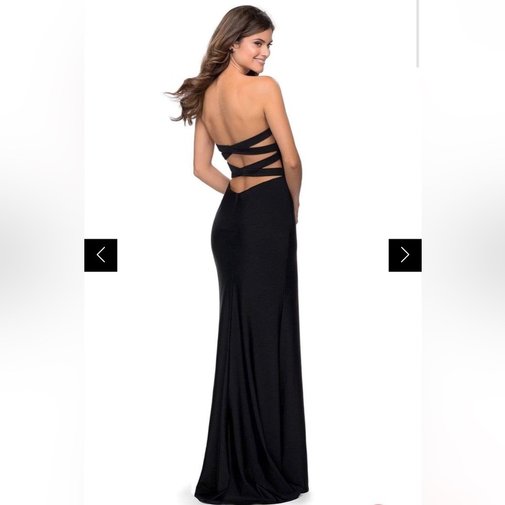 LA FEMME Simple Black Strapless prom Dress with back straps